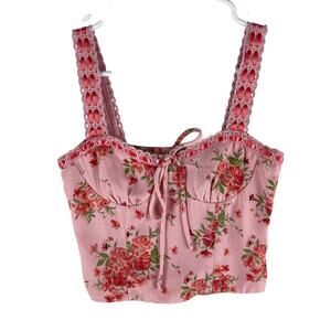 Thirty Thirty LA WMNS Floral Smocked Corset Crop Top XS Pink Tie Front Coquette